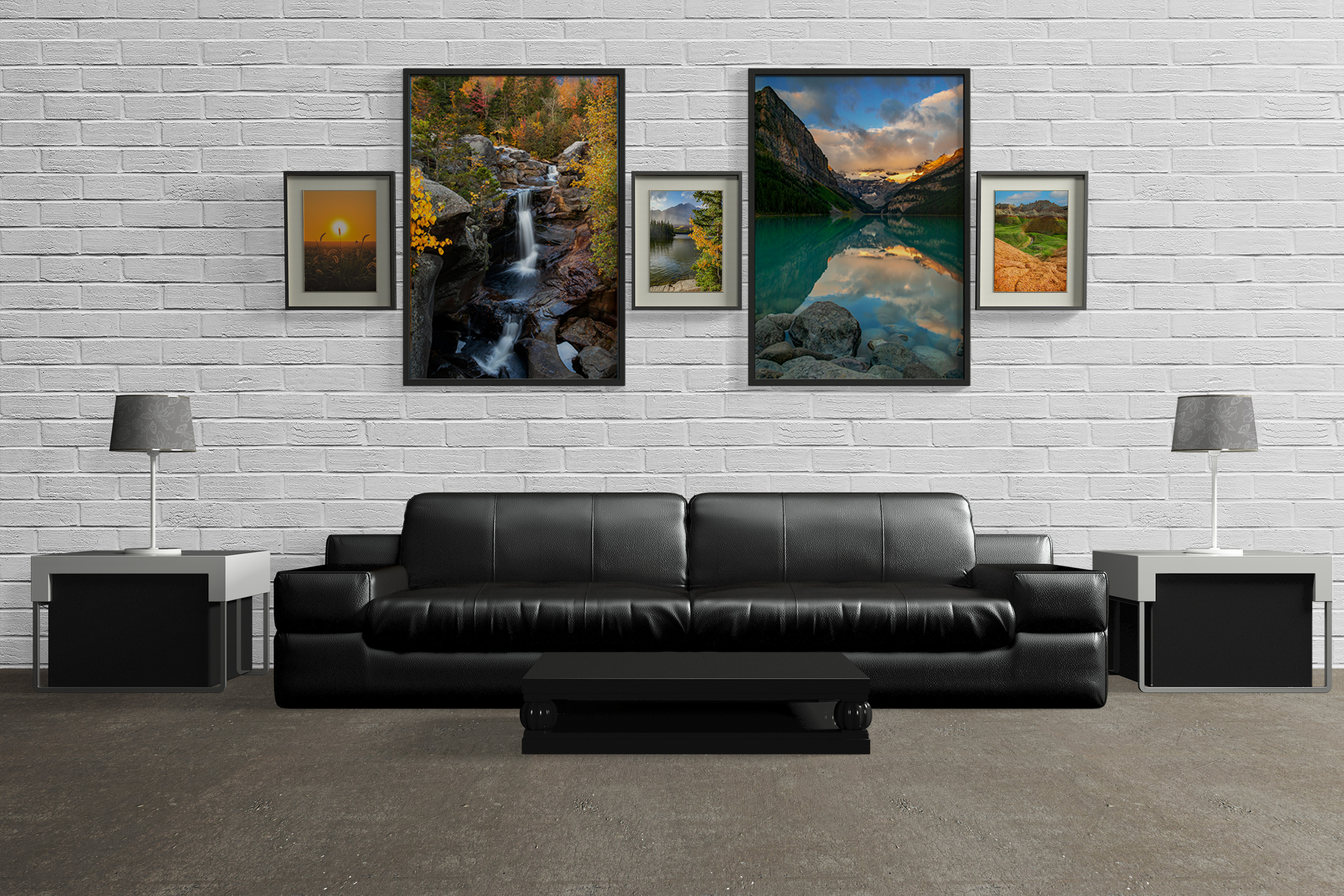 Gallery wall of framed nature photography prints by Dan Sproul